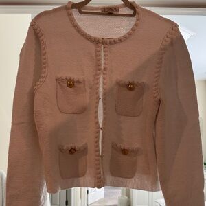 J. Crew Pale Pink Bouclé Pocket Cardigan with Gold Buttons
